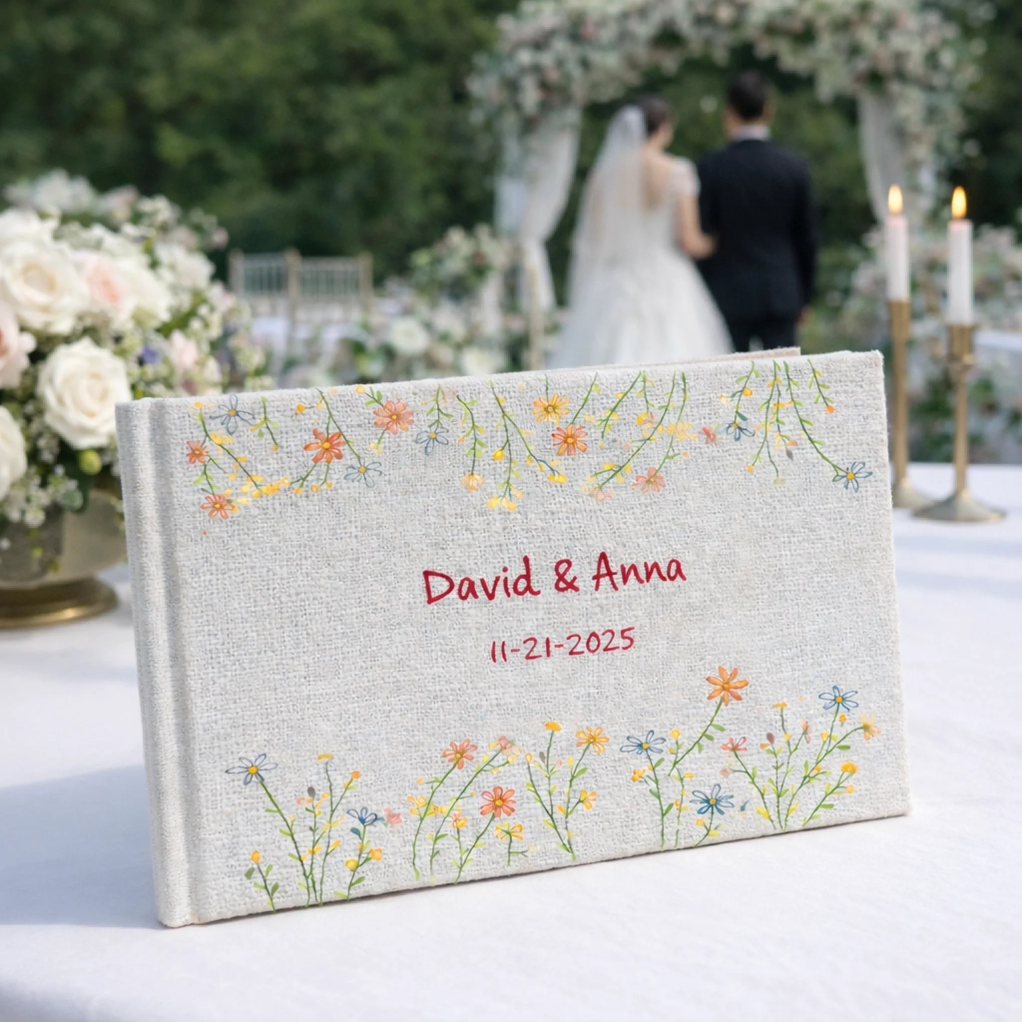 handcrafted hand embroidered flowers linen wedding guest book landscape keepsake