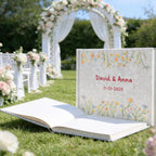 custom hand embroidered flowers linen wedding guest book landscape detail view