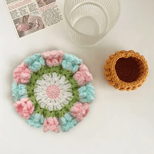 blooming garden handmade crochet coaster set as a housewarming gift