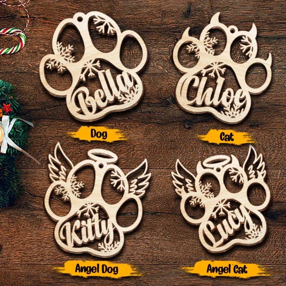 Happy Christmas With Fur Babies - Personalized Custom Paw Shaped Wood Christmas Ornament (Dog, Cat & Angel Wings) - Customized Decoration Gift. 682647 - DiyGiftly