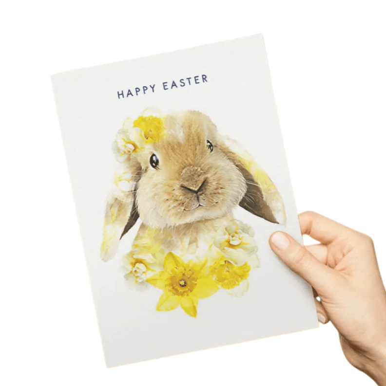 HAPPY EASTER Bunny with Yellow Blossoms Spring Greeting Card Gift Card - DiyGiftly