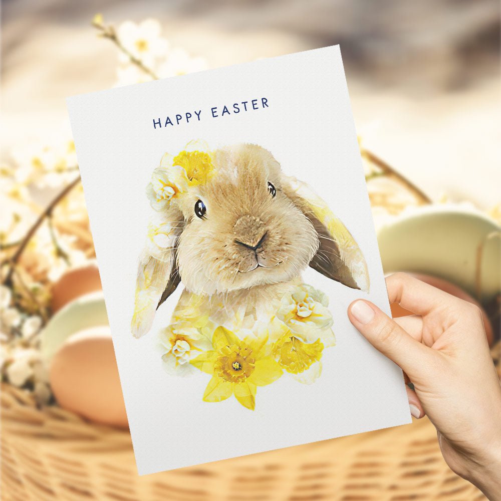 HAPPY EASTER Bunny with Yellow Blossoms Spring Greeting Card Gift Card - DiyGiftly