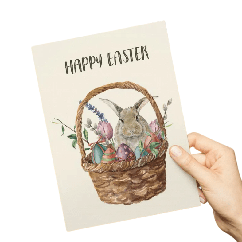 HAPPY EASTER Cute Bunny with Flowers and Colorful Eggs Greeting Card Gift Card - DiyGiftly