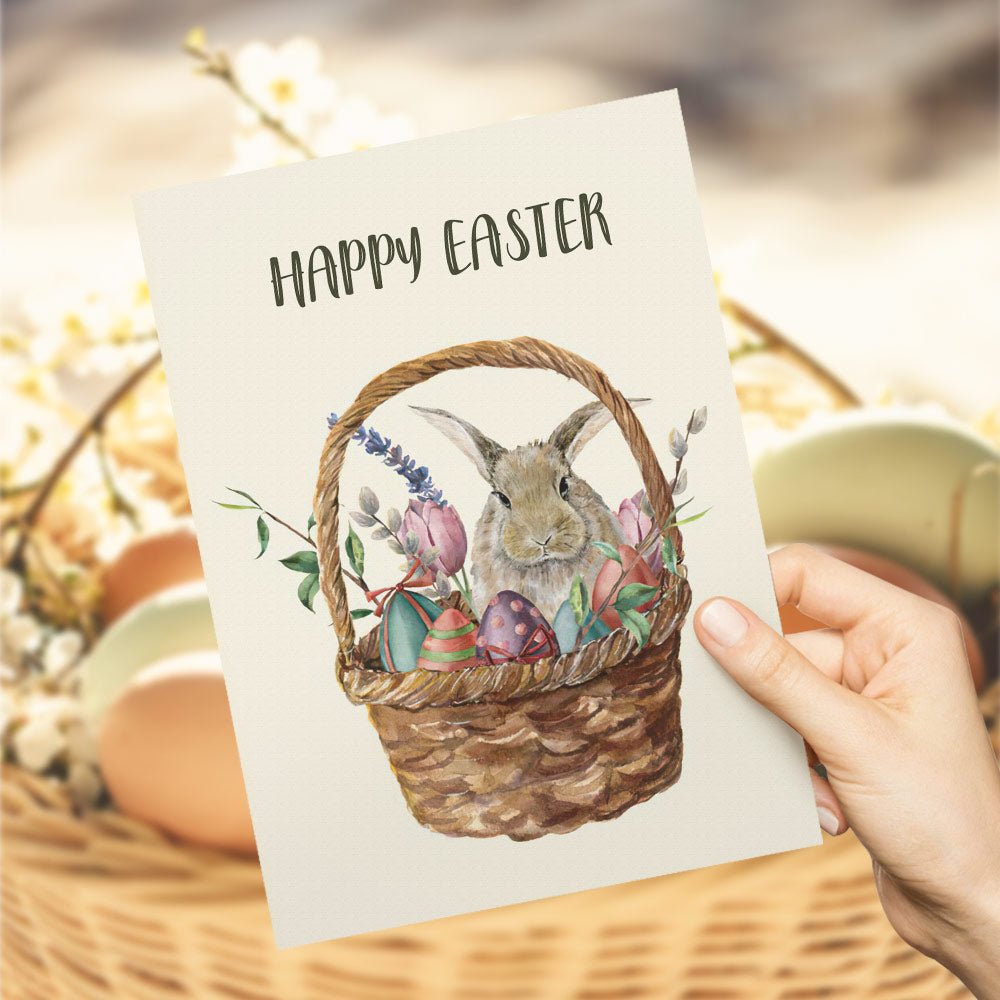 HAPPY EASTER Cute Bunny with Flowers and Colorful Eggs Greeting Card Gift Card - DiyGiftly