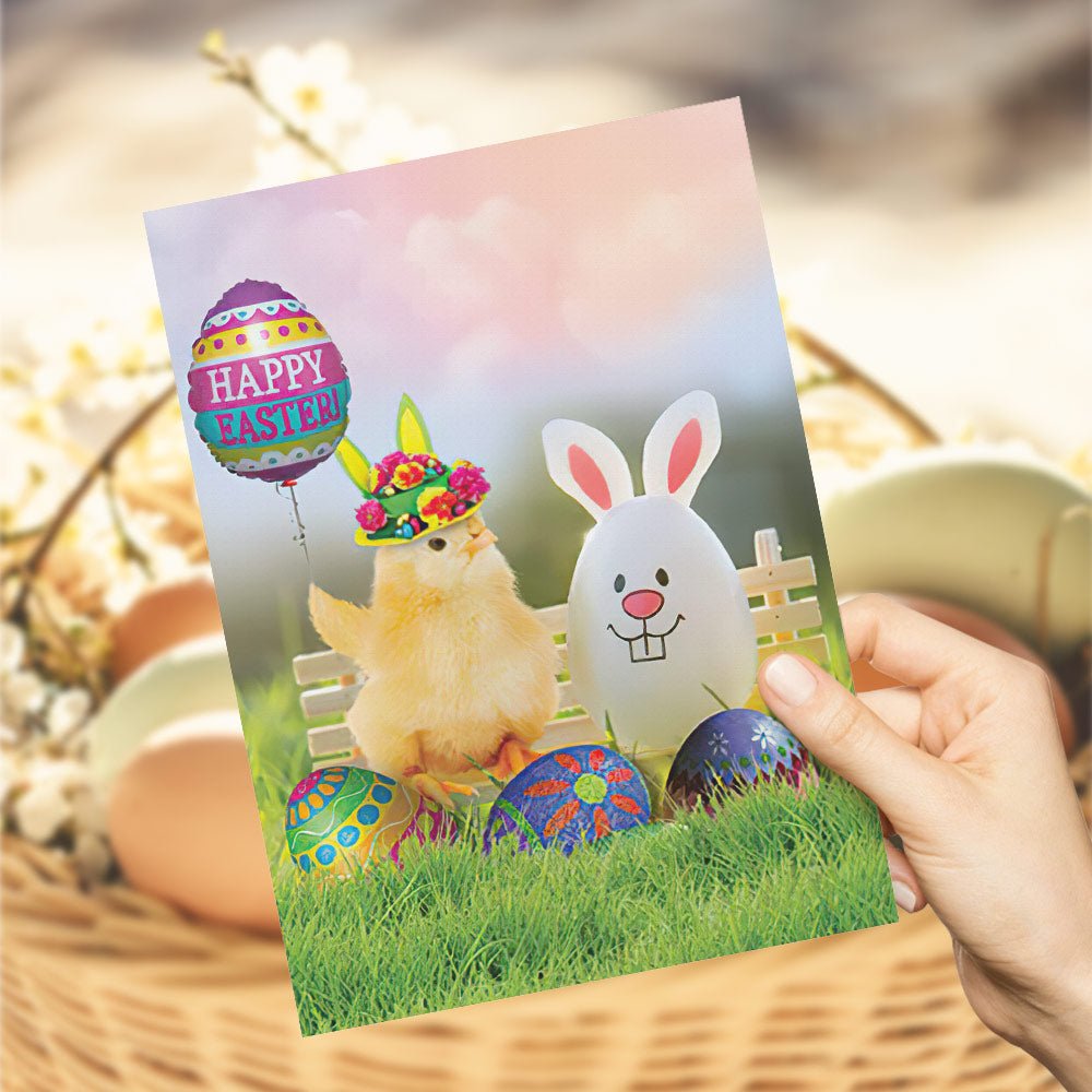 Happy Easter Greeting Card – Chick with Balloon, Bunny and Eggs Design Gift Card - DiyGiftly