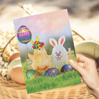 Happy Easter Greeting Card – Chick with Balloon, Bunny and Eggs Design Gift Card - DiyGiftly