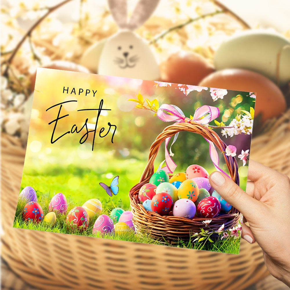 Happy Easter Greeting Card – Egg Basket on Grass with Butterflies Gift Card - DiyGiftly