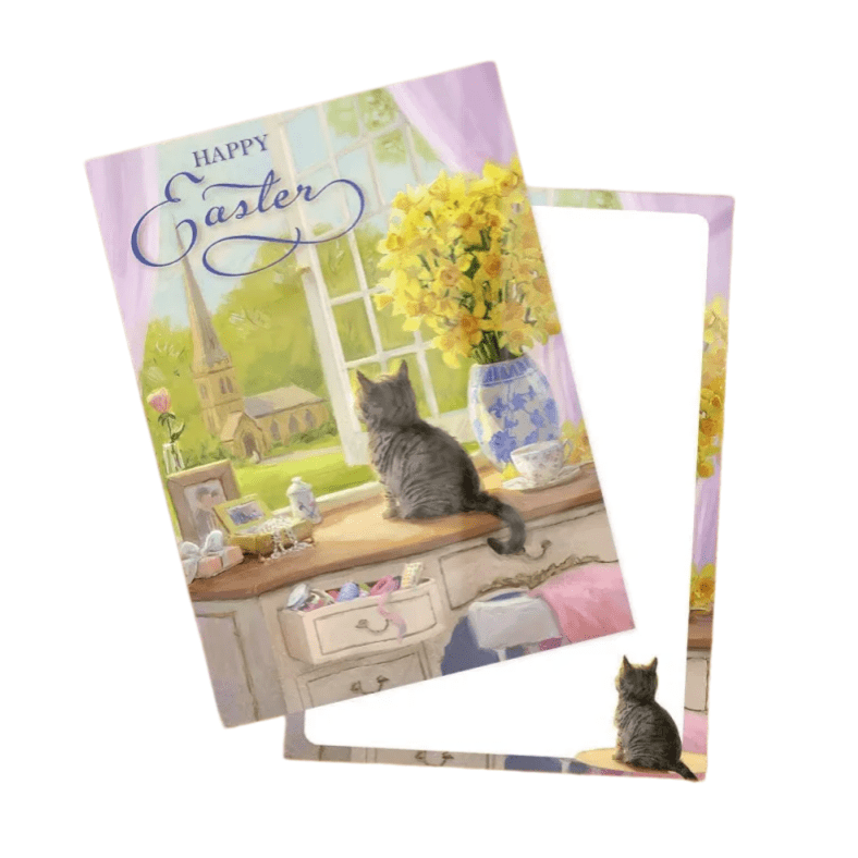 Happy Easter Greeting Card Featuring Cute Cat Looking Out the Window Gift Card - DiyGiftly