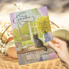 Happy Easter Greeting Card Featuring Cute Cat Looking Out the Window Gift Card - DiyGiftly