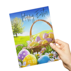 Happy Easter Greeting Card with Basket of Colorful Eggs on Grass Gift Card - DiyGiftly