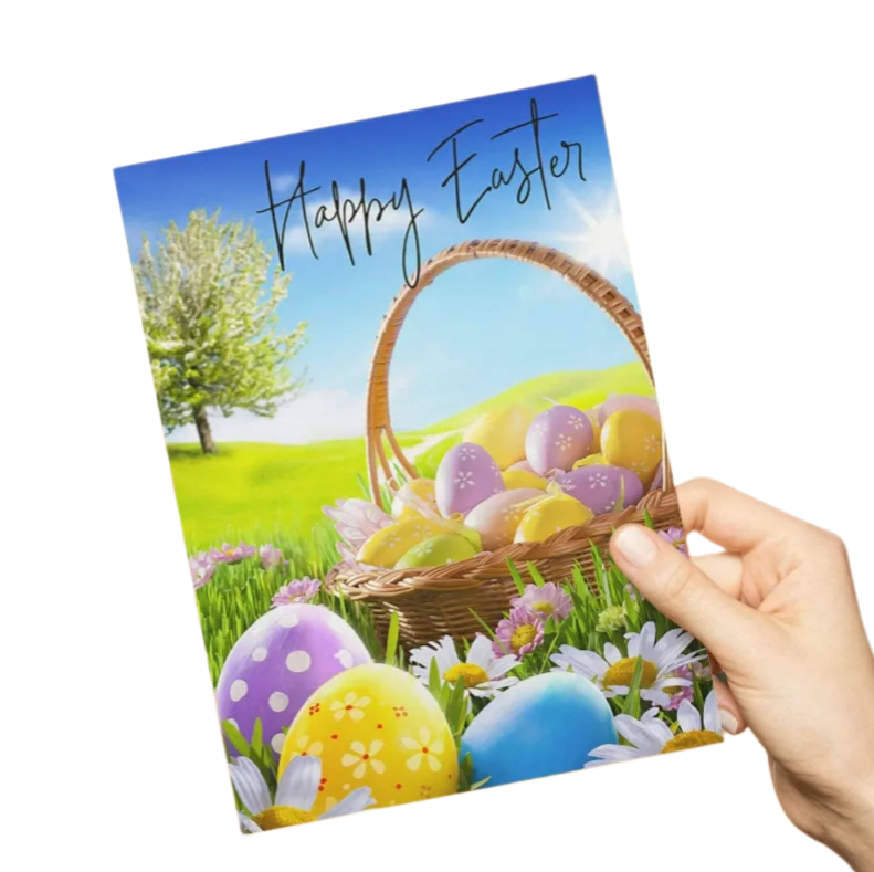 Happy Easter Greeting Card with Basket of Colorful Eggs on Grass Gift Card - DiyGiftly