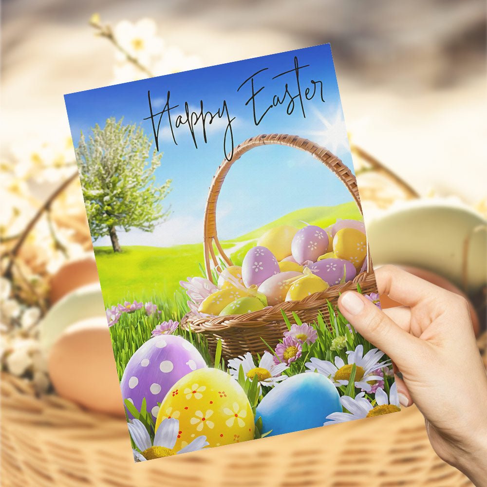 Happy Easter Greeting Card with Basket of Colorful Eggs on Grass Gift Card - DiyGiftly
