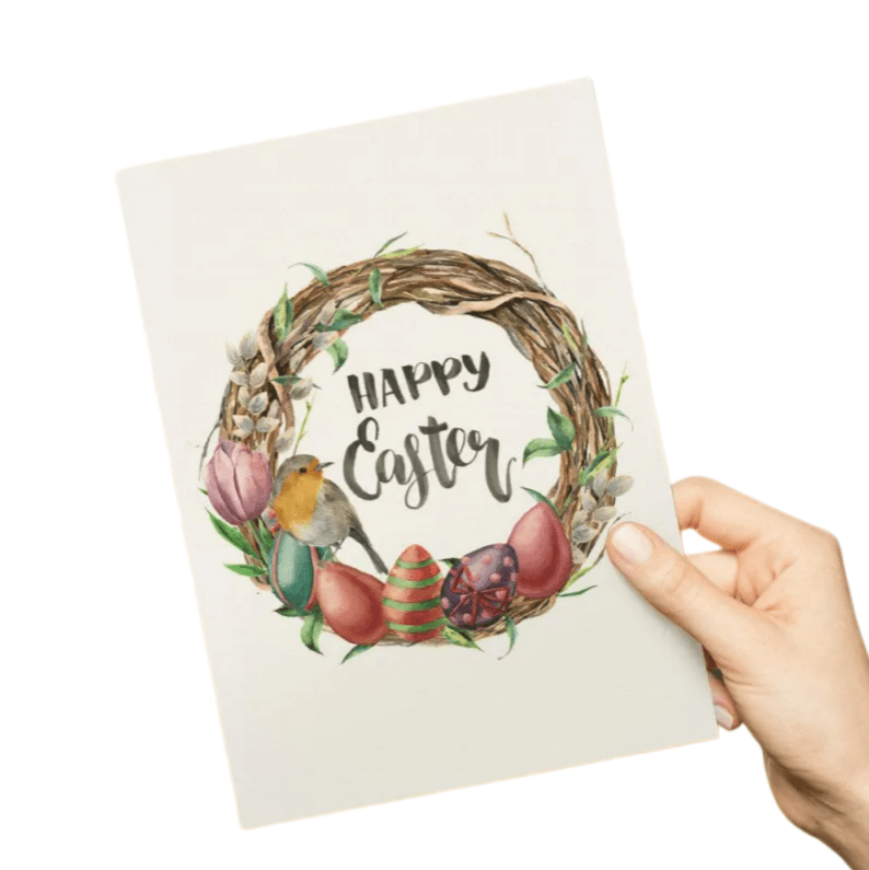 HAPPY EASTER Greeting Card with Bird & Egg Wreath Design Gift Card - DiyGiftly