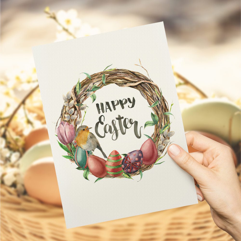 HAPPY EASTER Greeting Card with Bird & Egg Wreath Design Gift Card - DiyGiftly