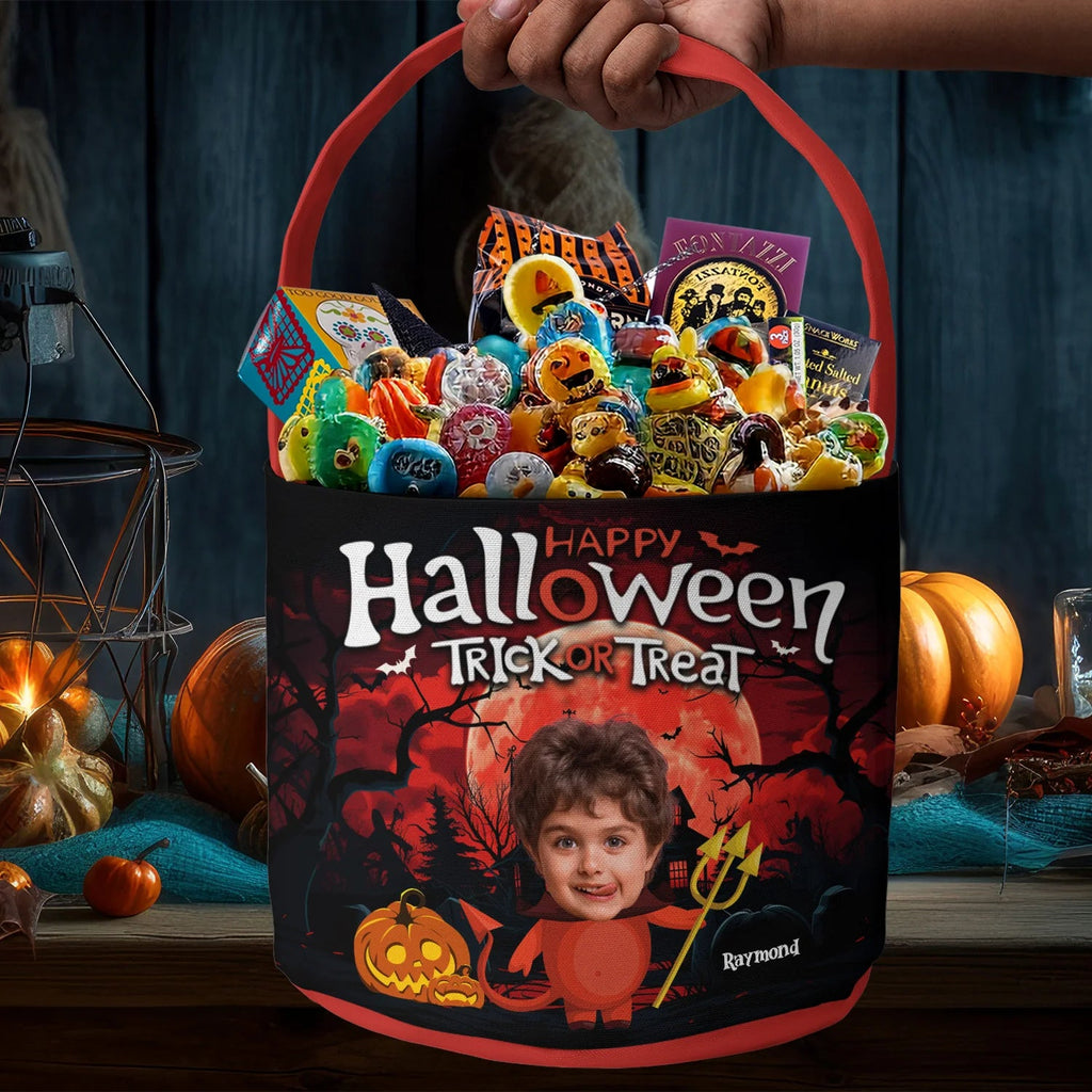 Happy Halloween Trick Or Treat – Personalized Photo Halloween Basket, Custom Spooky Candy Bucket for Kids, Unique Pumpkin Party Gift Basket with Name & Picture 34286080 - DiyGiftly