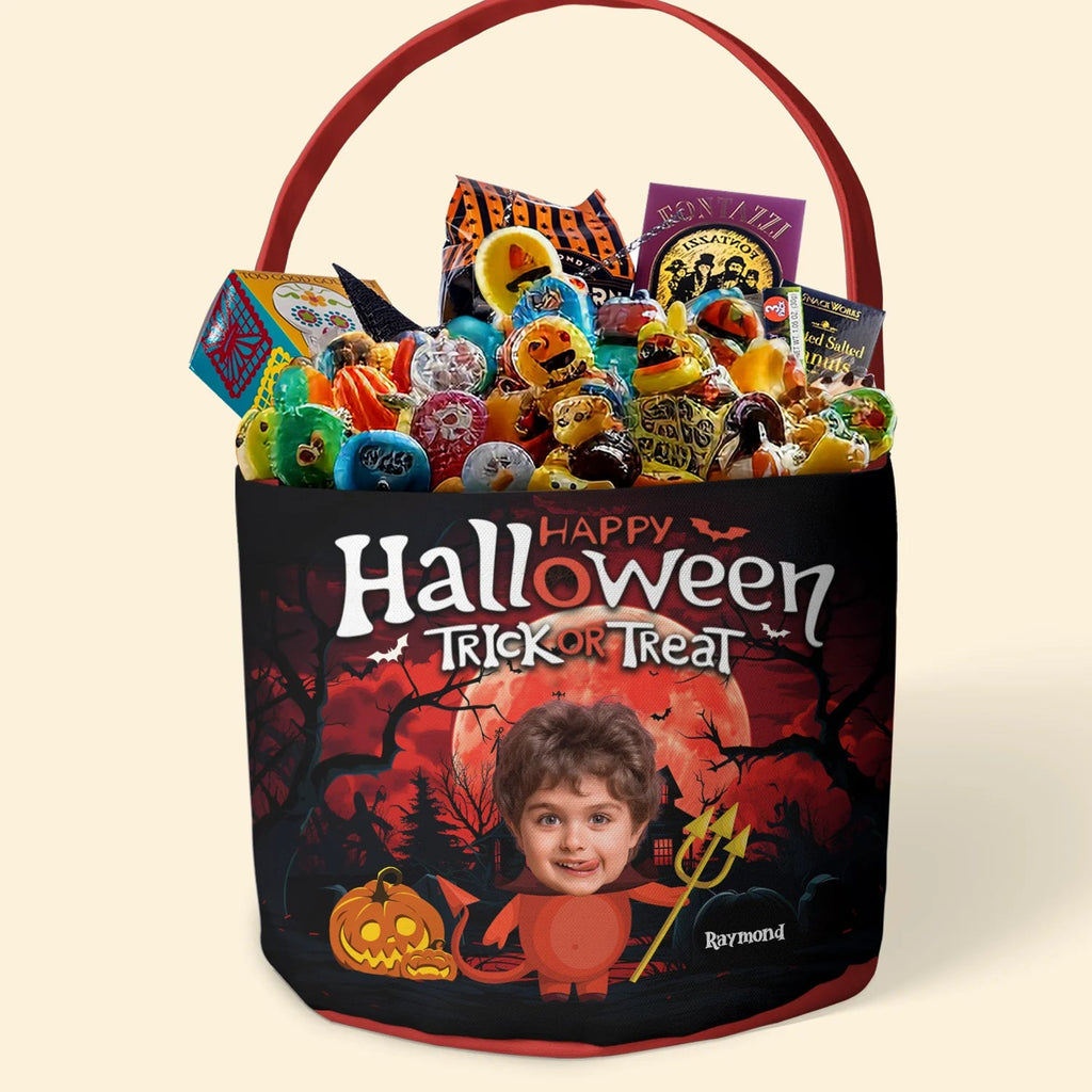 Happy Halloween Trick Or Treat – Personalized Photo Halloween Basket, Custom Spooky Candy Bucket for Kids, Unique Pumpkin Party Gift Basket with Name & Picture 34286080 - DiyGiftly