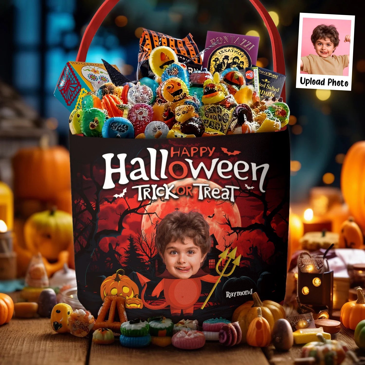 Happy Halloween Trick Or Treat – Personalized Photo Halloween Basket, Custom Spooky Candy Bucket for Kids, Unique Pumpkin Party Gift Basket with Name & Picture 34286080 - DiyGiftly