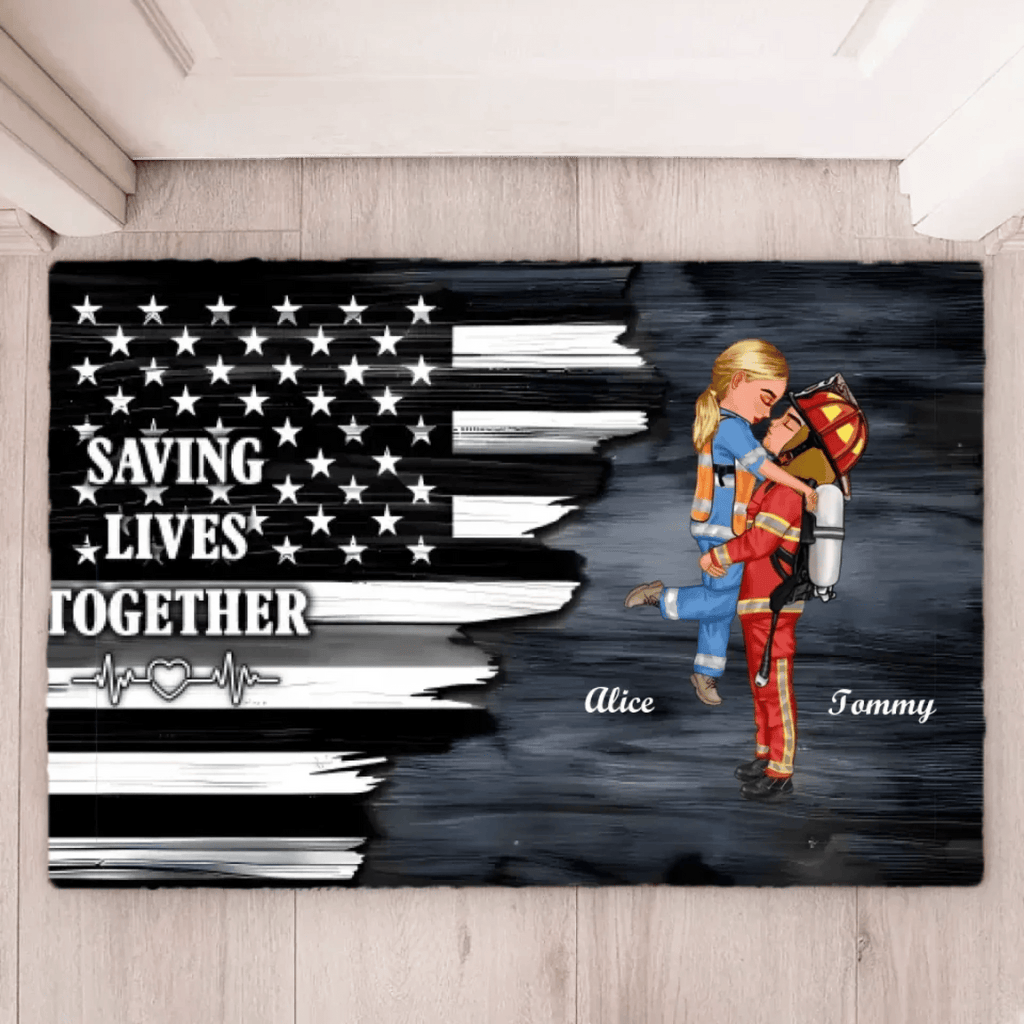 Hero Couple Kissing Half Flag Gifts by Occupation Firefighter, Nurse, Police Officer - Personalized Horizontal floor mat 703473 - D - DiyGiftly