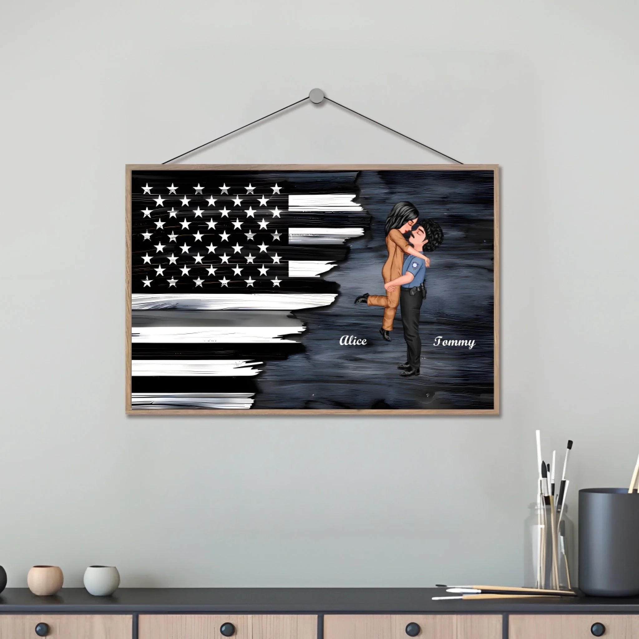 Hero Couple Kissing Half Flag Gifts by Occupation Firefighter, Nurse, Police Officer - Personalized Horizontal Wooden Plaque 703473 - DiyGiftly