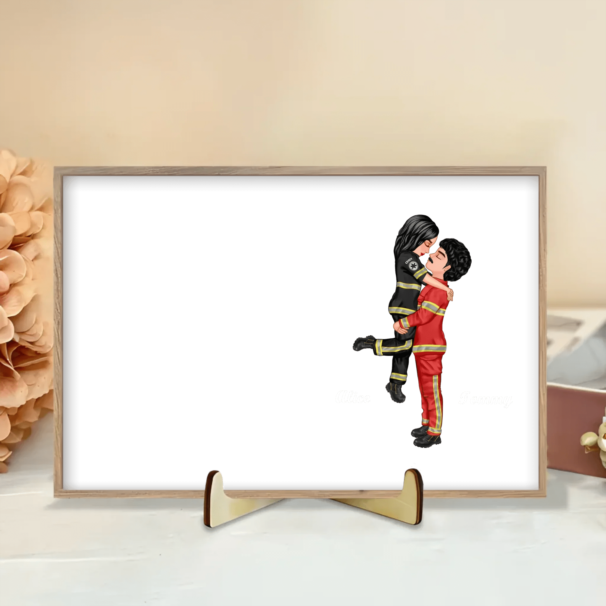 Hero Couple Kissing Half Flag Gifts by Occupation Firefighter, Nurse, Police Officer - Personalized Horizontal Wooden Plaque 703473 - DiyGiftly