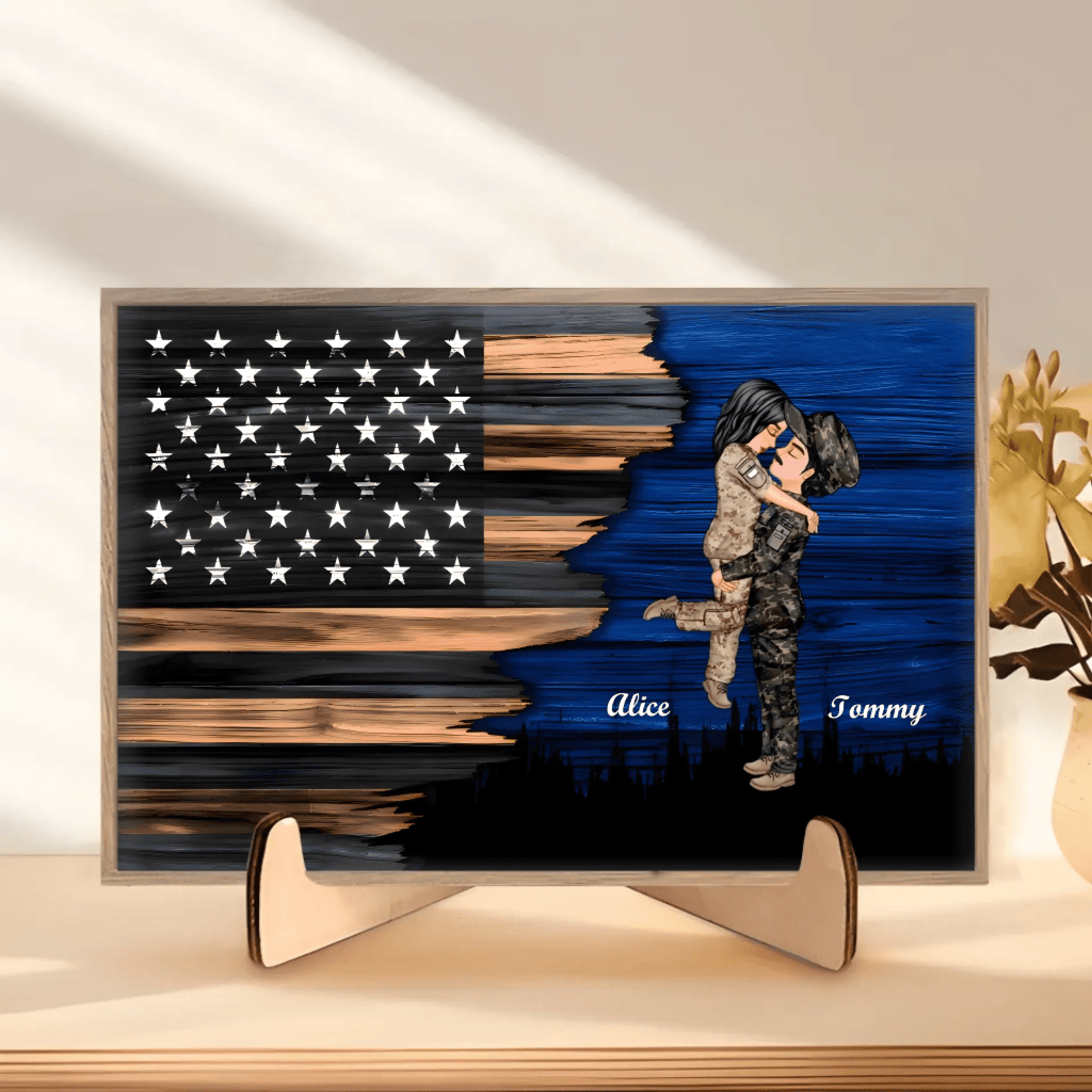 Hero Couple Kissing Half Flag Gifts by Occupation Firefighter, Nurse, Police Officer - Personalized Horizontal Wooden Plaque 703473 - DiyGiftly