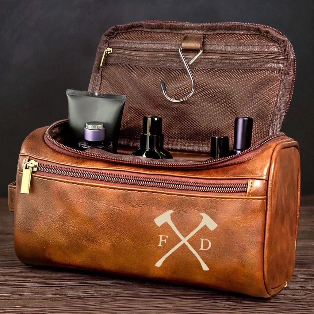Firefighter themed Personalized Dopp Kit with Custom Name Design leather toiletry bag