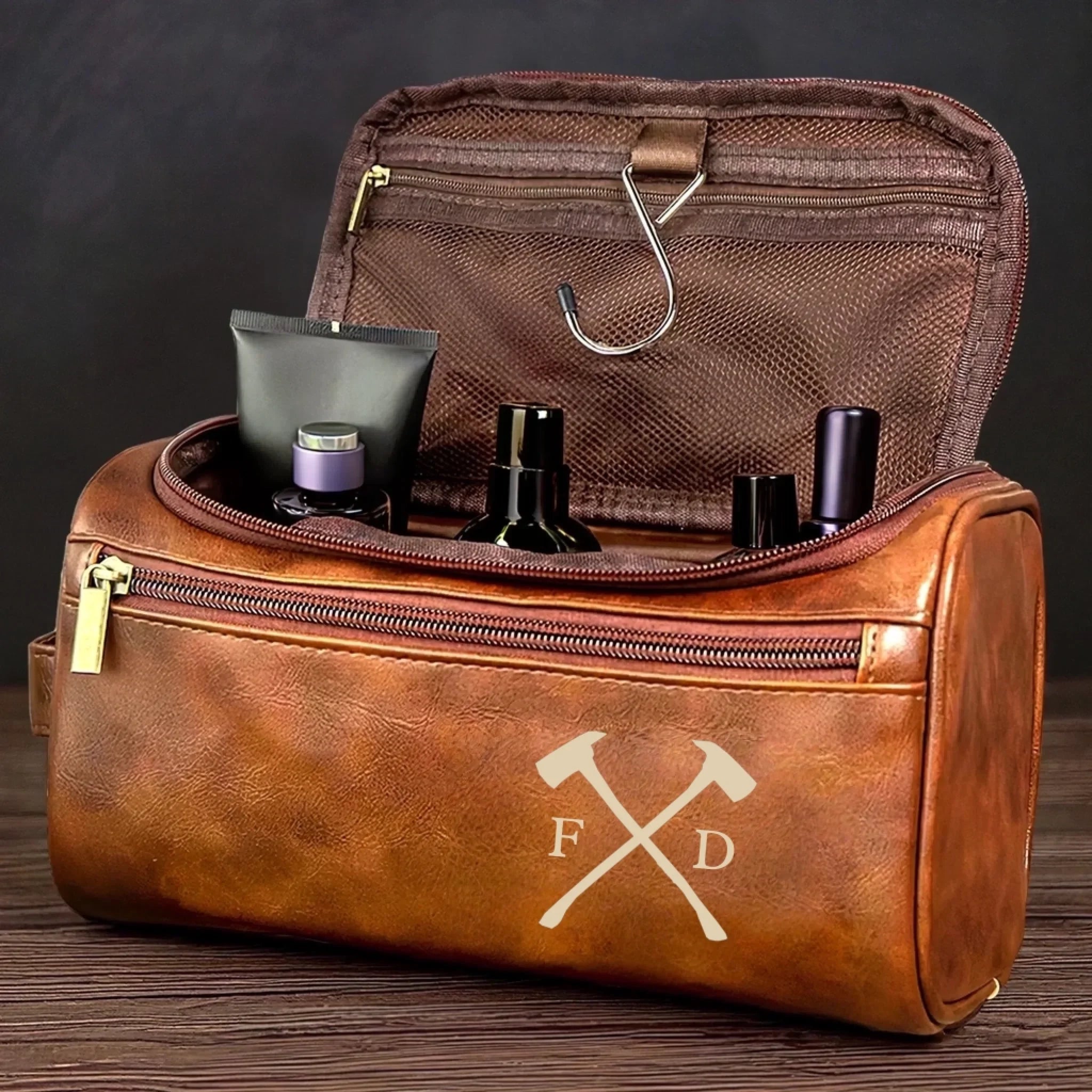 Firefighter themed Personalized Dopp Kit with Custom Name Design leather toiletry bag