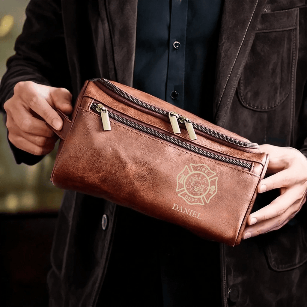 Firefighter themed Personalized Dopp Kit with Custom Name Design light brown