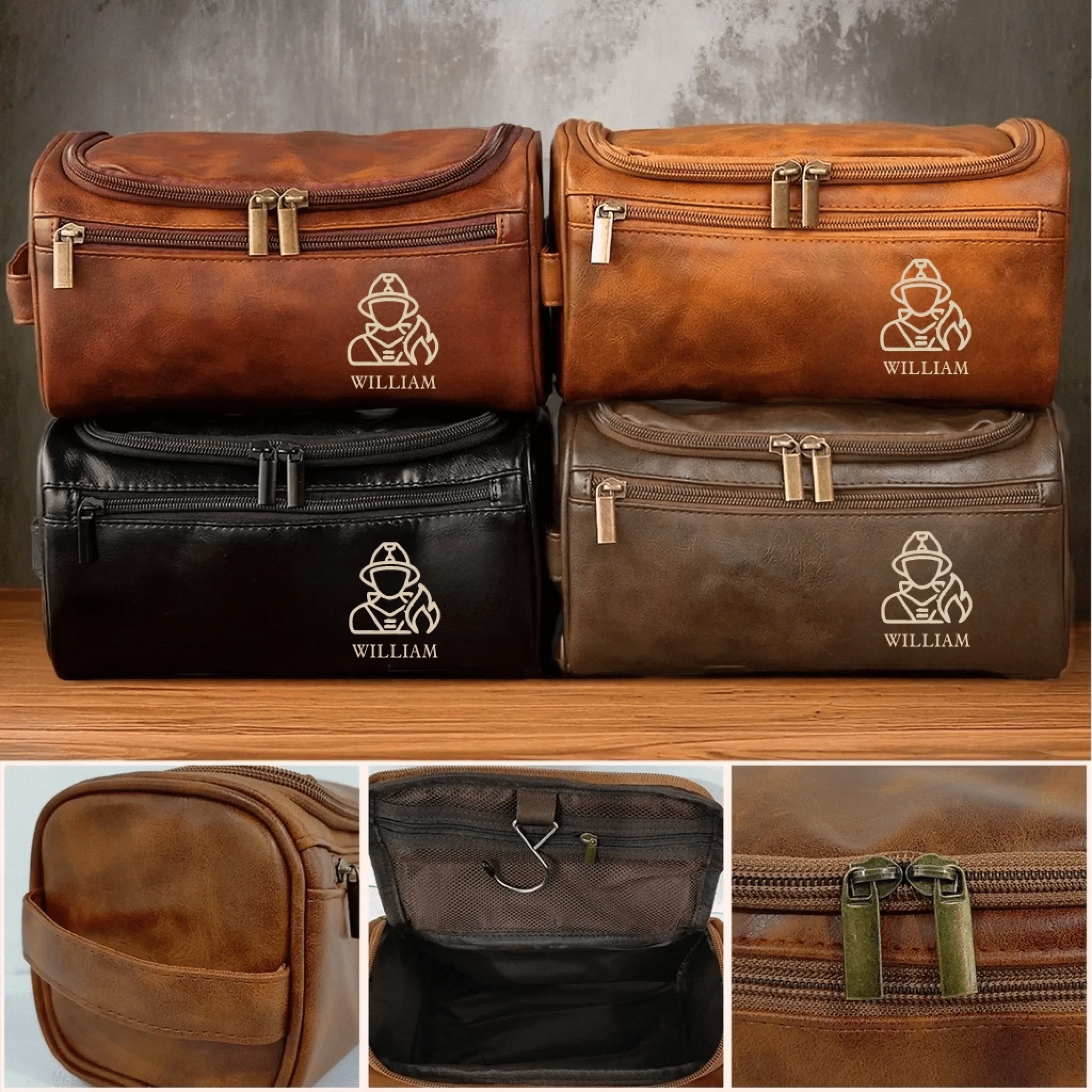 Firefighter themed Personalized Dopp Kit with Custom Name Design dark brown