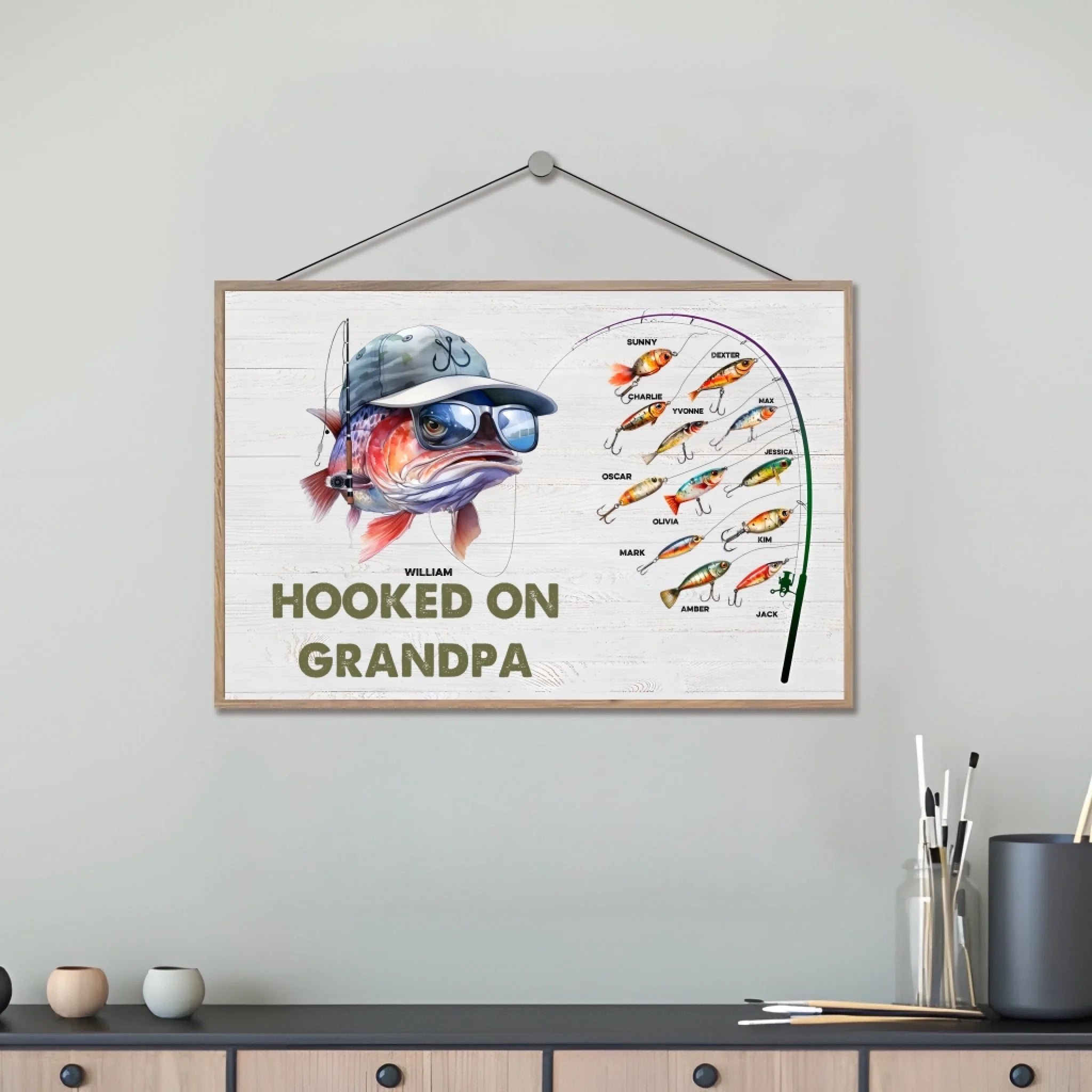 Hooked On Grandpa Papa Dad - Personalized Wrapped Wooden Plaque 712344 - DiyGiftly