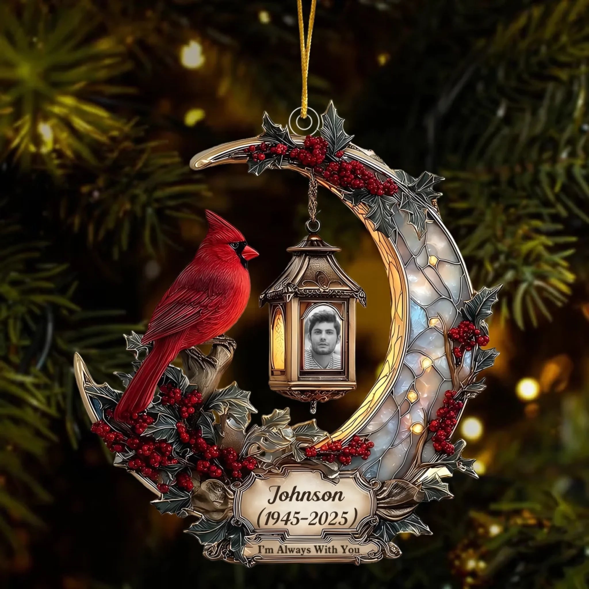 cardinal ornament personalized photo with name heart motif keepsake display acrylic ornament