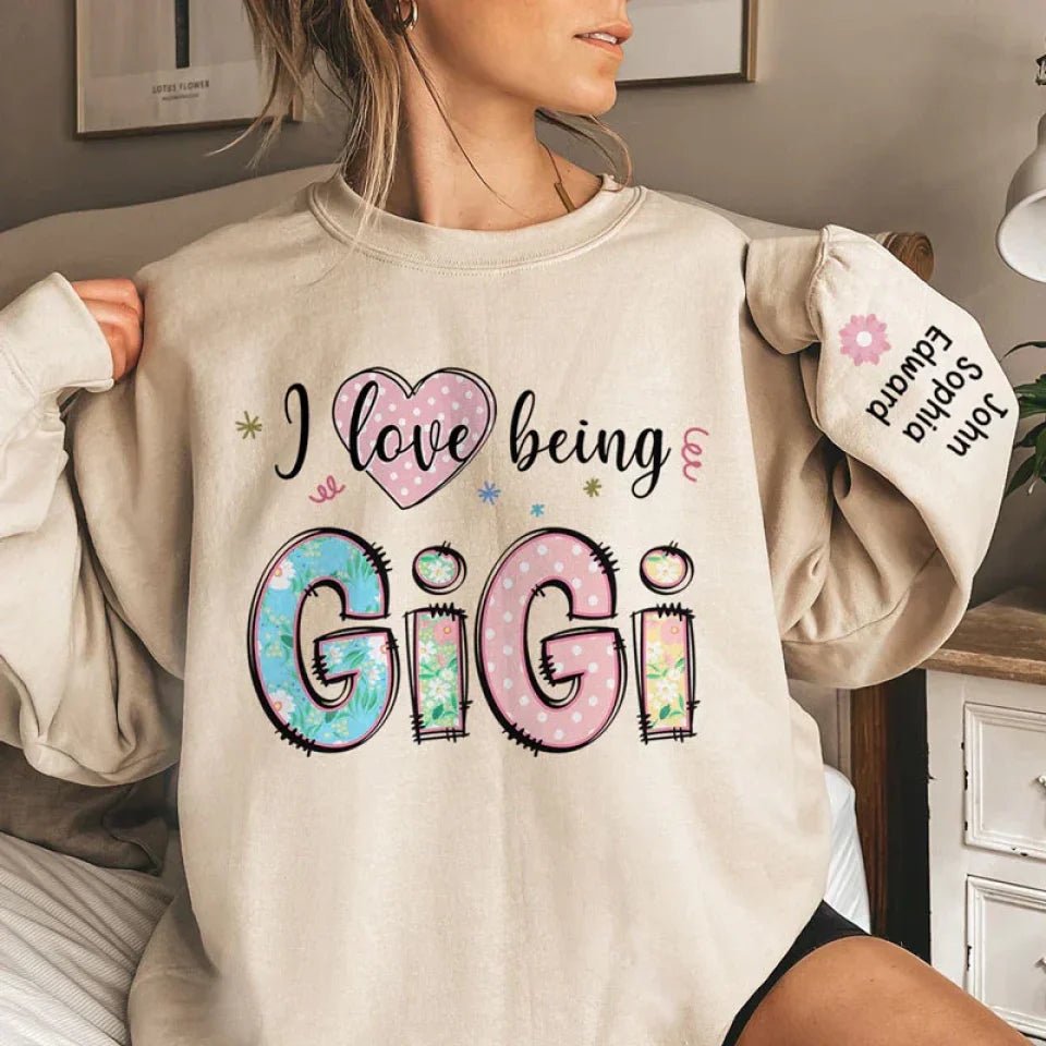 Personalized family names unisex sweatshirt sleeve print cozy fit christmas gift for grandparents