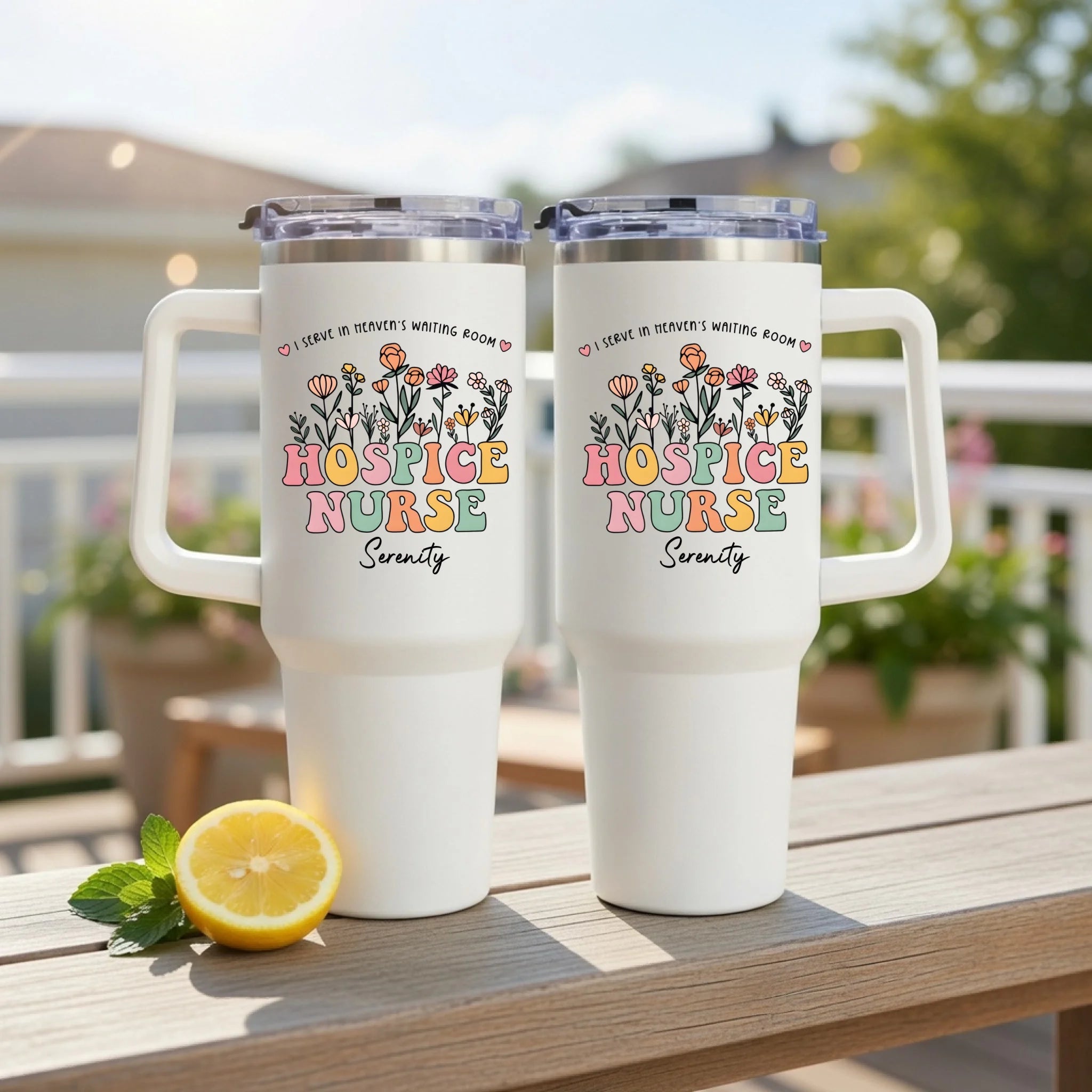 “I Serve in Heaven’s Waiting Room” – Hospice Nurse Floral Design Tumbler – Personalized 40oz Insulated Cup Gift for Nurse Appreciation, Hospice Aide, Daily Use 1148931 - DiyGiftly