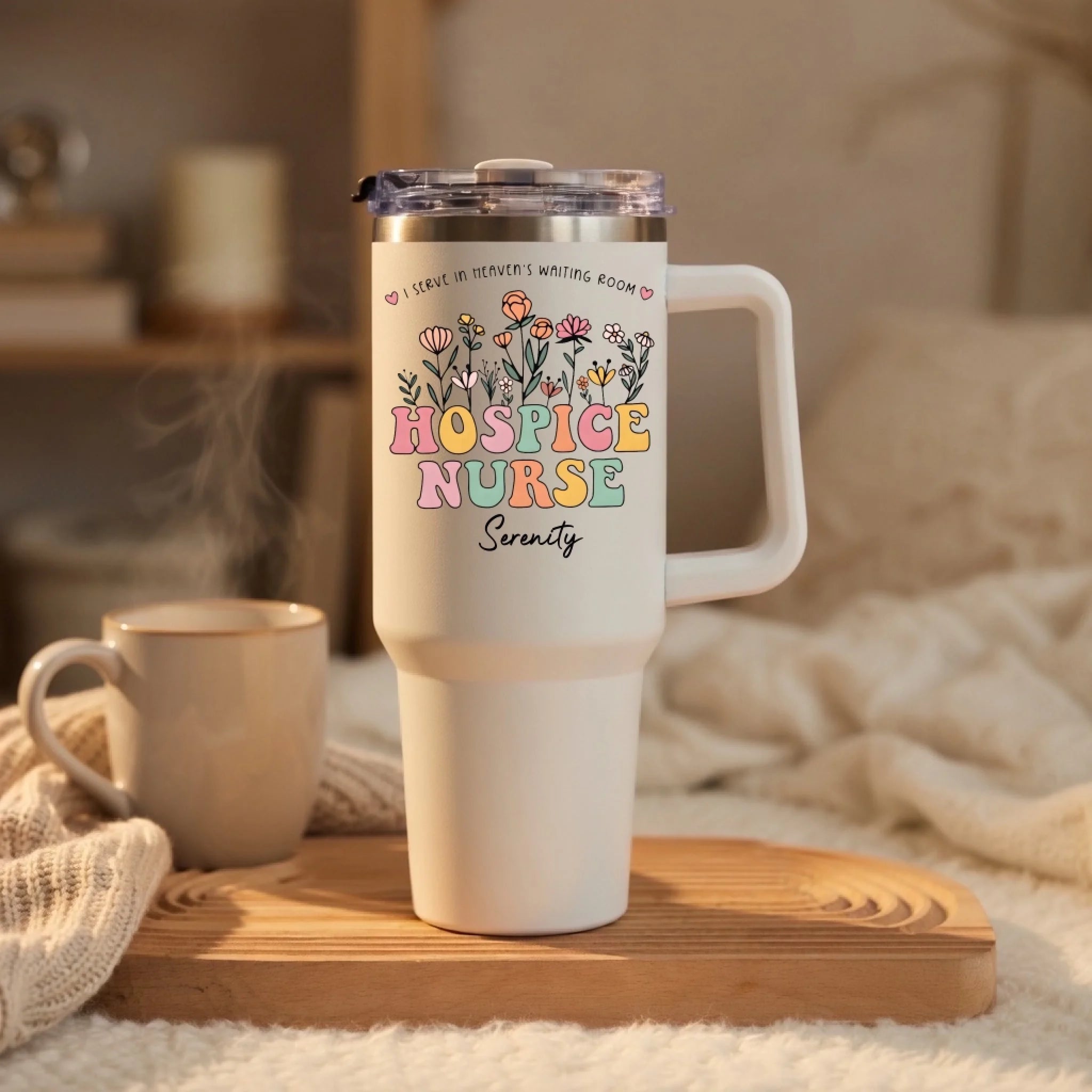 “I Serve in Heaven’s Waiting Room” – Hospice Nurse Floral Design Tumbler – Personalized 40oz Insulated Cup Gift for Nurse Appreciation, Hospice Aide, Daily Use 1148931 - DiyGiftly