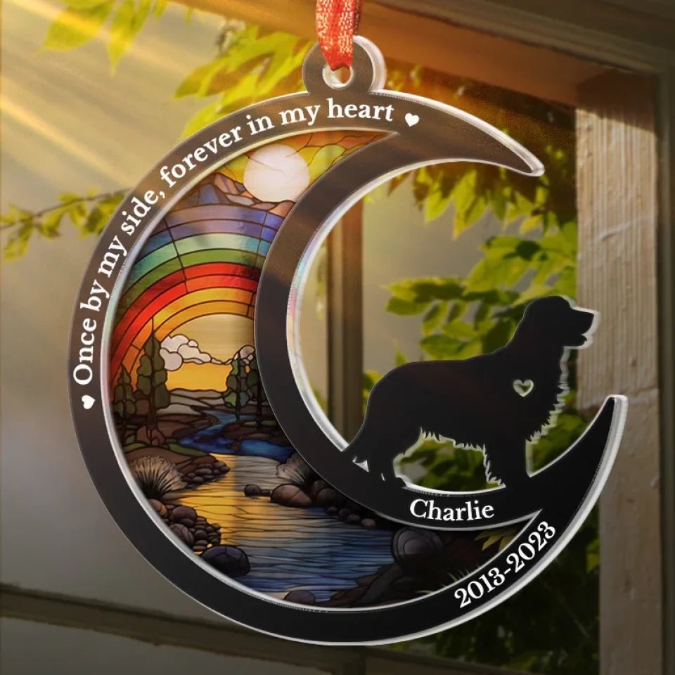 dog rainbow bridge memorial suncatcher ornament personalized design window hanging keepsake detail view