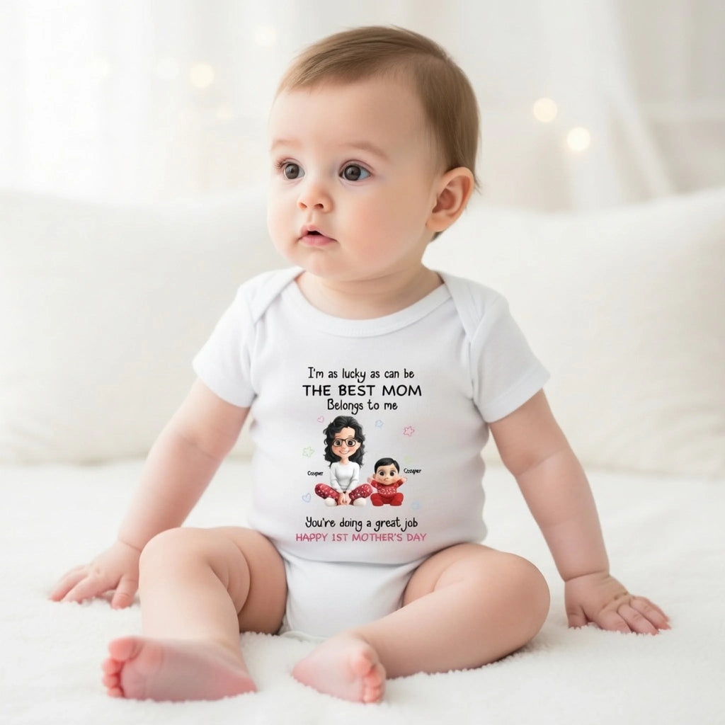 "I'm As Lucky As Can Be, The Best Mom Belongs To Me" – Personalized First Mother's Day Baby Onesie Custom Mom & Baby Portrait Onesie Gift for New Mom 1156475 - DiyGiftly