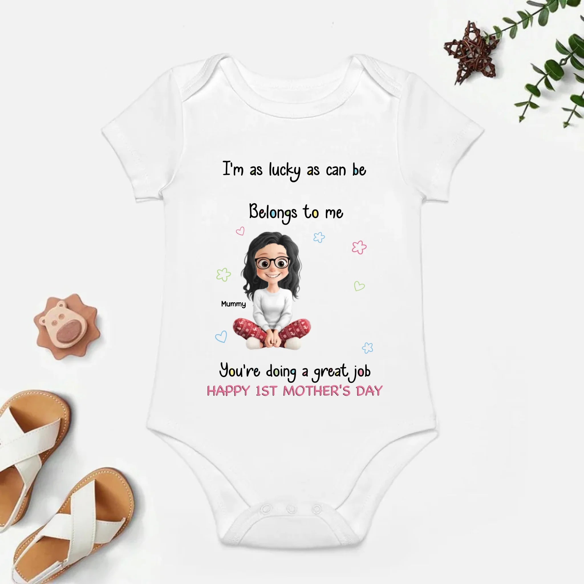"I'm As Lucky As Can Be, The Best Mom Belongs To Me" – Personalized First Mother's Day Baby Onesie Custom Mom & Baby Portrait Onesie Gift for New Mom 1156475 - DiyGiftly