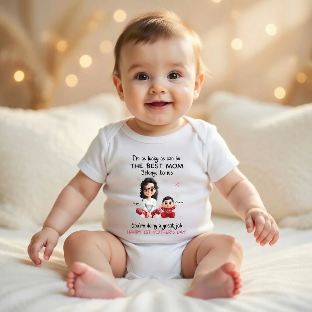 "I'm As Lucky As Can Be, The Best Mom Belongs To Me" – Personalized First Mother's Day Baby Onesie Custom Mom & Baby Portrait Onesie Gift for New Mom 1156475 - DiyGiftly
