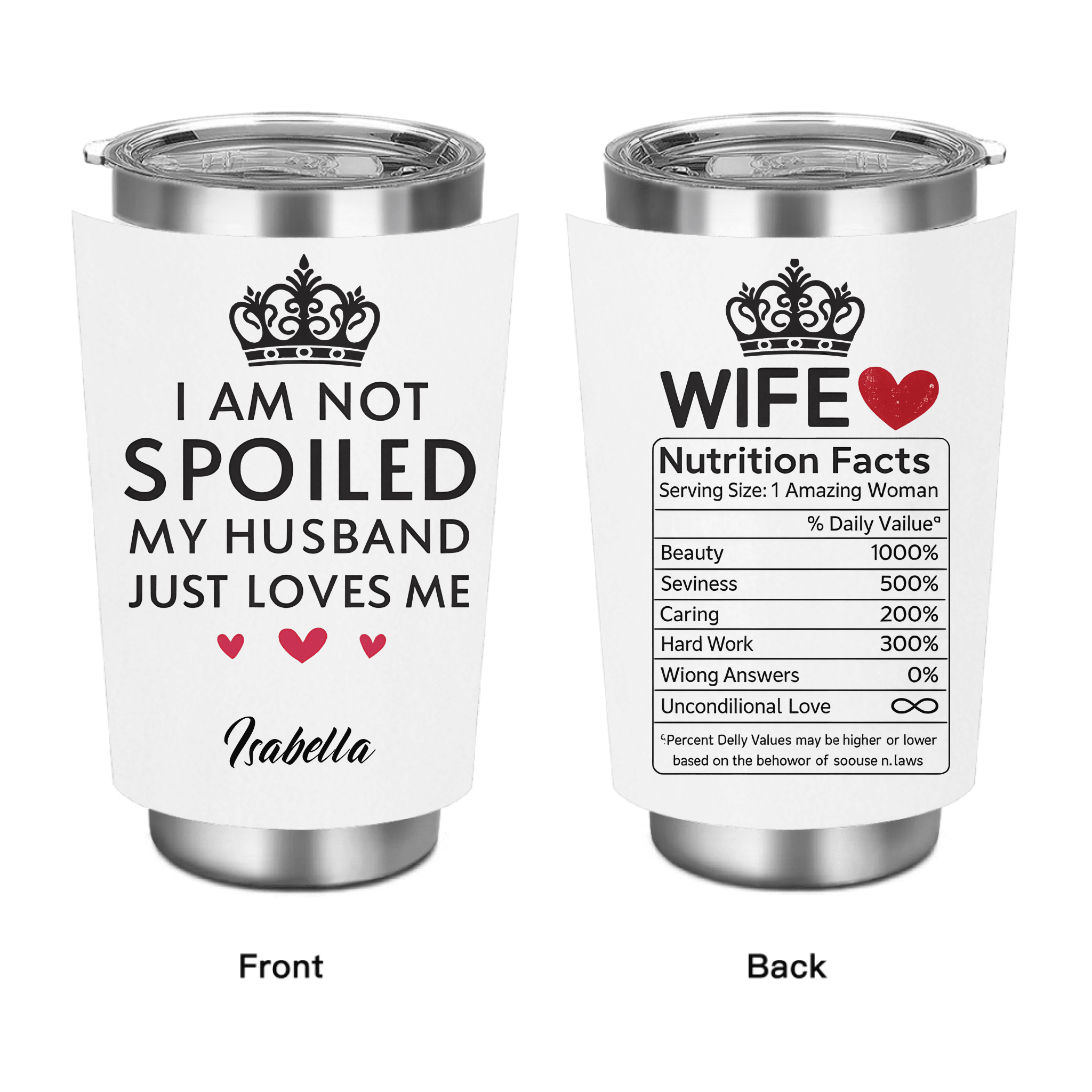 “I’m Not Spoiled, My Husband Just Loves Me a Lot” – Personalized Wife Tumbler – Custom Name Stainless Steel Insulated Cup, Sweet Anniversary Valentine’s Day Birthday Gift for Her 1136192 - DiyGiftly