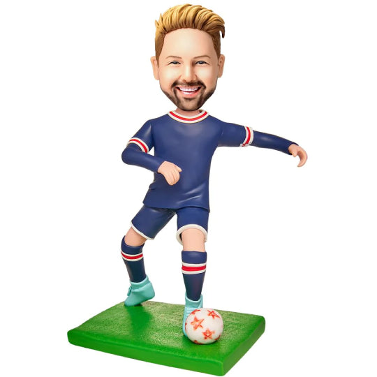 personalized bobblehead celebrate every smile personalized bobblehead athlete soccer player blue display