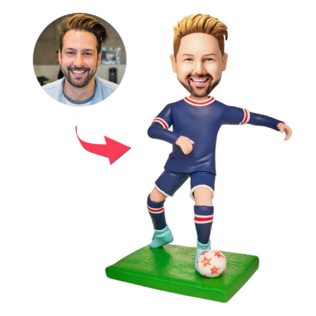 custom bobble head celebrate every smile personalized bobblehead athlete soccer player blue front view