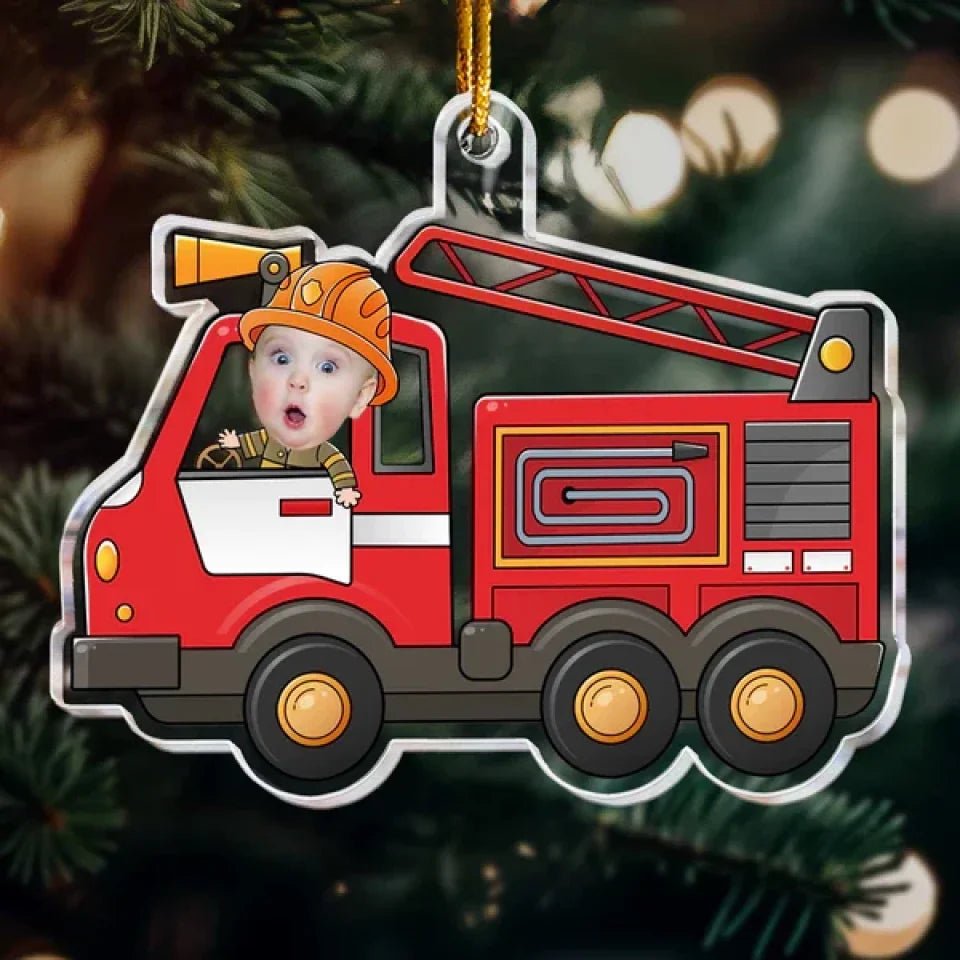 Kid Riding Fire Truck - Personalized Acrylic Photo Ornament 684595 - DiyGiftly