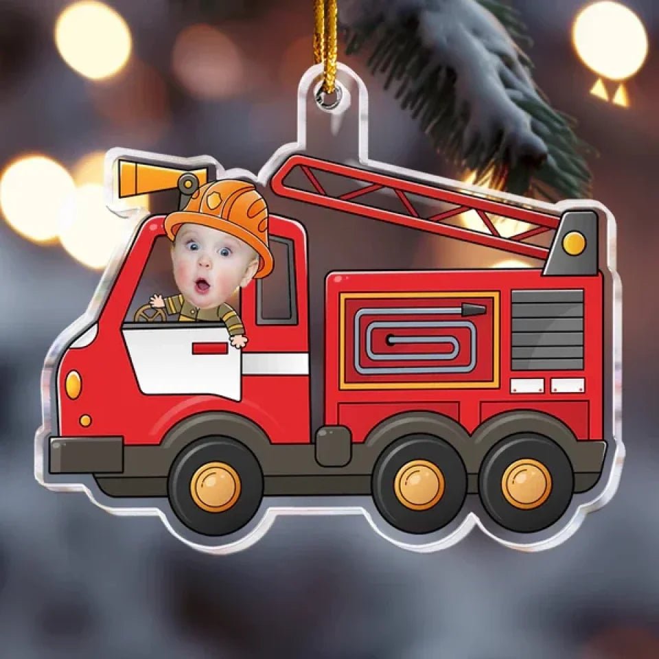 Kid Riding Fire Truck - Personalized Acrylic Photo Ornament 684595 - DiyGiftly