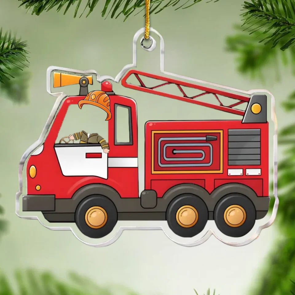 Kid Riding Fire Truck - Personalized Acrylic Photo Ornament 684595 - DiyGiftly