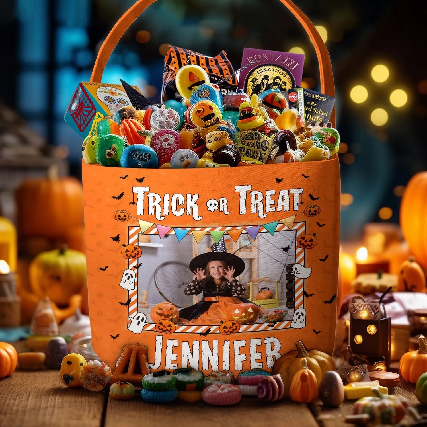 Kids Halloween Trick Or Treat Bag – Personalized Photo Spooky Basket, Custom Pumpkin Candy Tote with Name for Boys & Girls Party Gift 33349632 - DiyGiftly