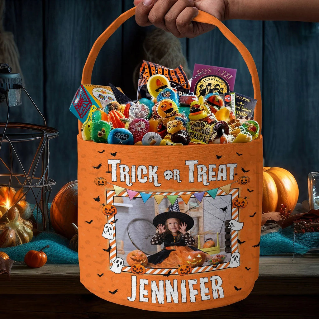 Kids Halloween Trick Or Treat Bag – Personalized Photo Spooky Basket, Custom Pumpkin Candy Tote with Name for Boys & Girls Party Gift 33349632 - DiyGiftly