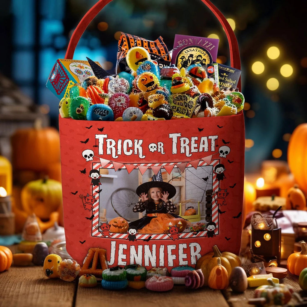 Kids Halloween Trick Or Treat Bag – Personalized Photo Spooky Basket, Custom Pumpkin Candy Tote with Name for Boys & Girls Party Gift 33349632 - DiyGiftly