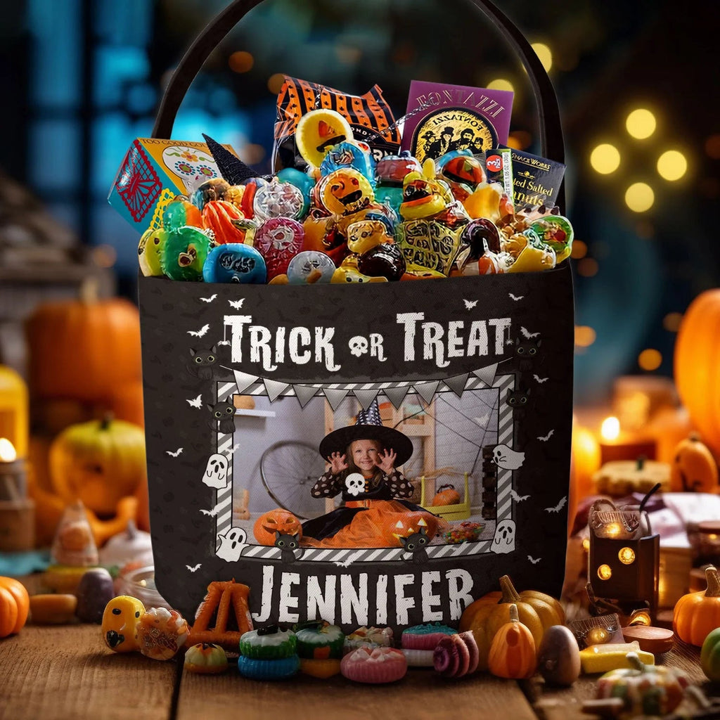 Kids Halloween Trick Or Treat Bag – Personalized Photo Spooky Basket, Custom Pumpkin Candy Tote with Name for Boys & Girls Party Gift 33349632 - DiyGiftly