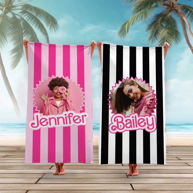 Let's Go Party, Pink Stripe Custom Photo Beach Towel, Personalized Picture Pool Towel, Kids Beach Towel, Bridesmaids/Birthday Gifts 95337216 - DiyGiftly
