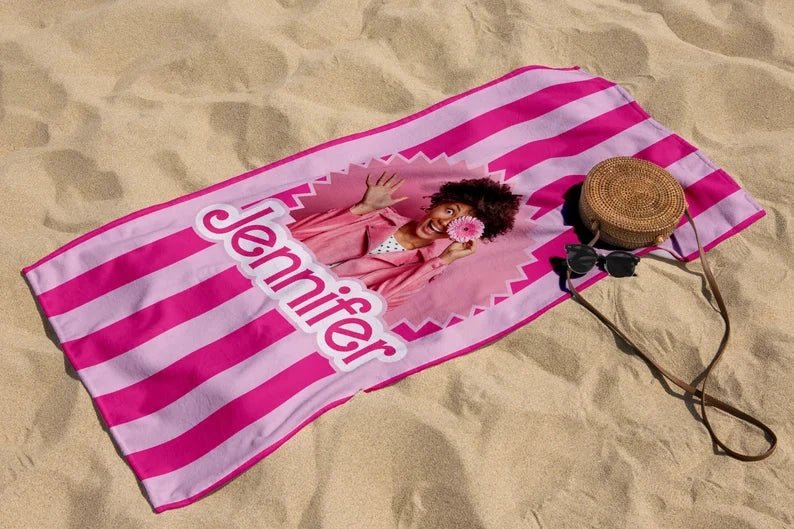 Let's Go Party, Pink Stripe Custom Photo Beach Towel, Personalized Picture Pool Towel, Kids Beach Towel, Bridesmaids/Birthday Gifts 95337216 - DiyGiftly